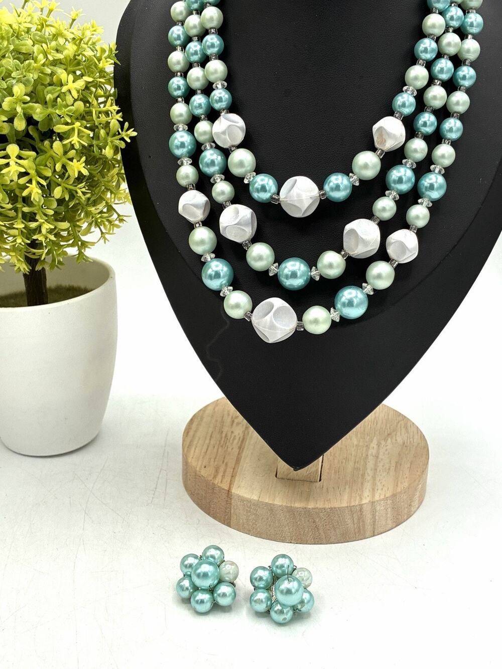 Vintage Japan 3 Strand Aqua Mint Pearl Bead Necklace Earring Set 1950s Demi